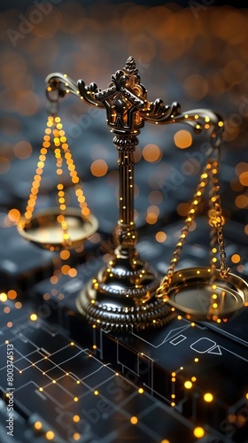 A golden scale representing Libra, the scales of justice. The scales are sitting on a black background with a glowing yellow background.