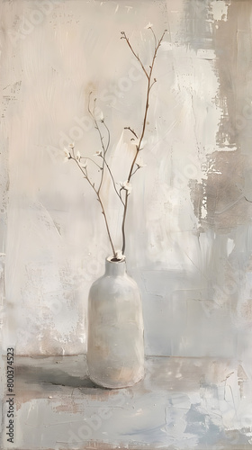 A minimalist still life painting featuring a single vase with a few stems of delicate flowers.



