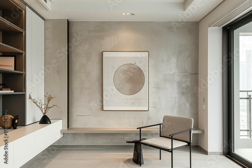 Office interior backdrop for online meetings. Light home office setting background. Minimalist online workspace aesthetics.  Video conferencing room design.