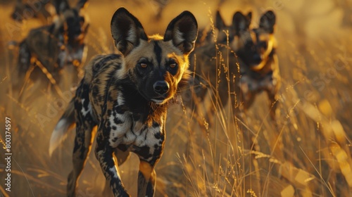 With the warmth of the golden hour enveloping it, an African wild dog stands alert, showcasing a mix of curiosity and cunning