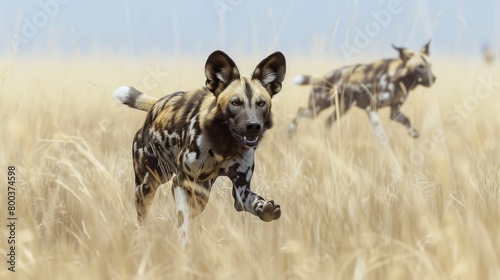 The exhilaration of the hunt is palpable as a wild dog races through the grasslands, its keen eyes set on the unseen prey ahead