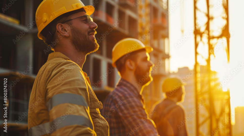 Portrait of builders in a protective yellow helmet and transparent glasses working on a site under the scorching sun. Young male carpenters perform work outdoors. Portrait of builders in a protective yellow helmet and transparent glasses working on a site under the scorching sun. Young male carpenters perform work outdoors.