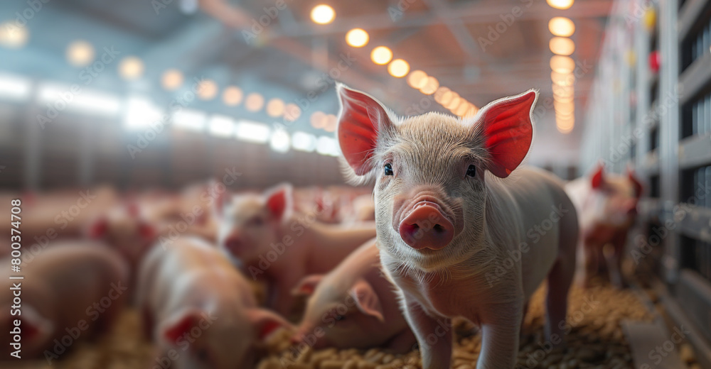 Group of Pigs in Pen With Background Lights