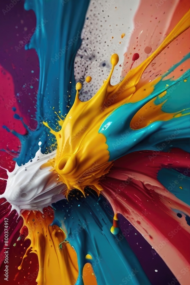 Rainbow color paint splash background. Exploding liquid paint copyspace. Colorful wet paint splashes