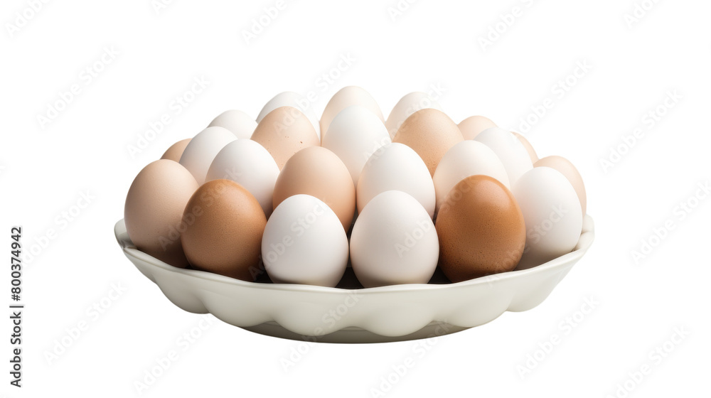 A white bowl overflows with brown and white eggs, creating a beautiful display of natural treasures on transparent background A white bowl overflows with brown and white eggs, creating a beautiful display of natural treasures on transparent background