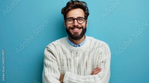 A Young handsome man with beard wearing casual sweater and glasses over blue background Hands together and fingers crossed smiling relaxed and cheerful, Success and optimistic photo