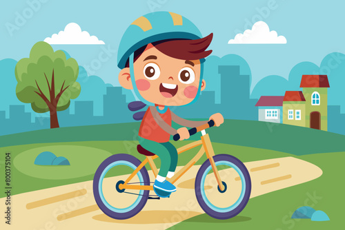 A young boy is riding a bicycle in a park