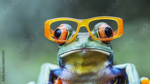 Closeup of a quirky frog donned in yellow glasses, a fun depiction of scientific discovery or a breakthrough moment
