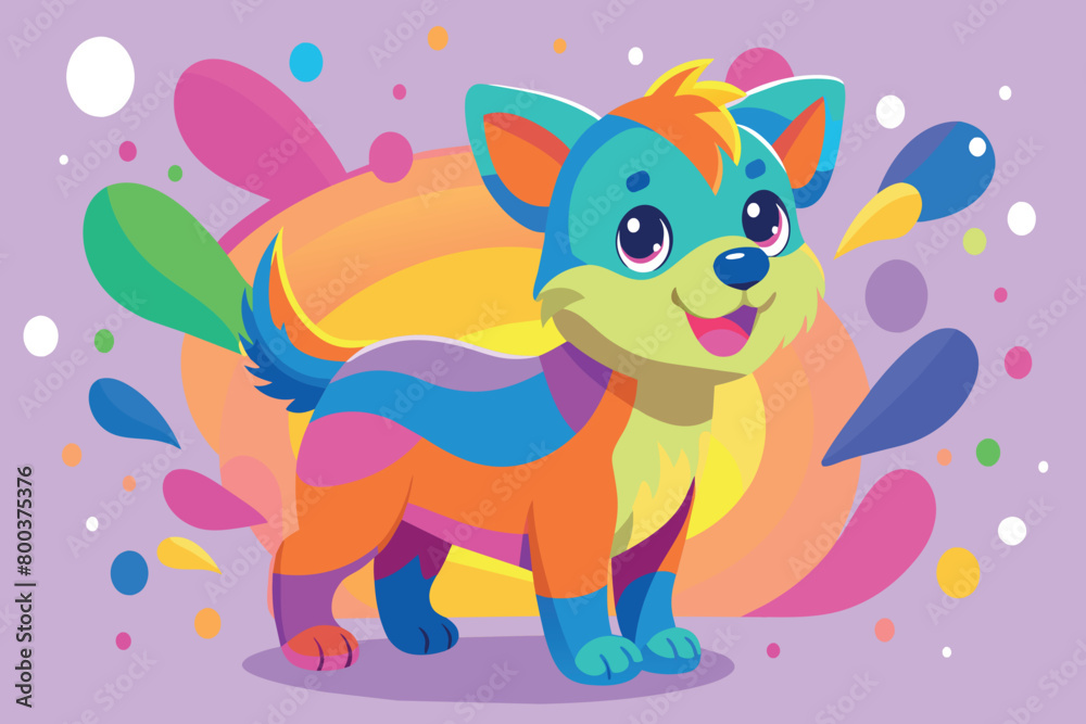 A colorful dog is standing in a splash of paint