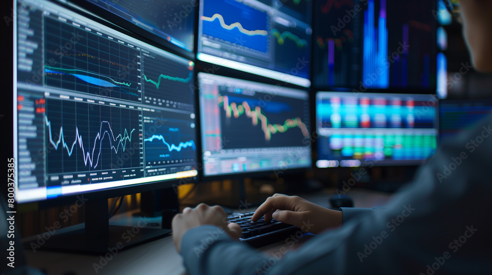 a trader on the background of a set of monitors with stock price charts. Trading on the stock exchange. earning money on trading a trader on the background of a set of monitors with stock price charts. Trading on the stock exchange. earning money on trading