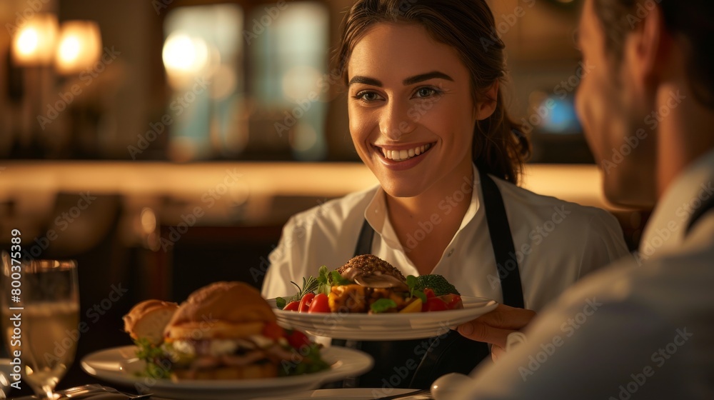 Room service attendant delivering a gourmet meal to an international guest's room with a smile. Room service attendant delivering a gourmet meal to an international guest's room with a smile.