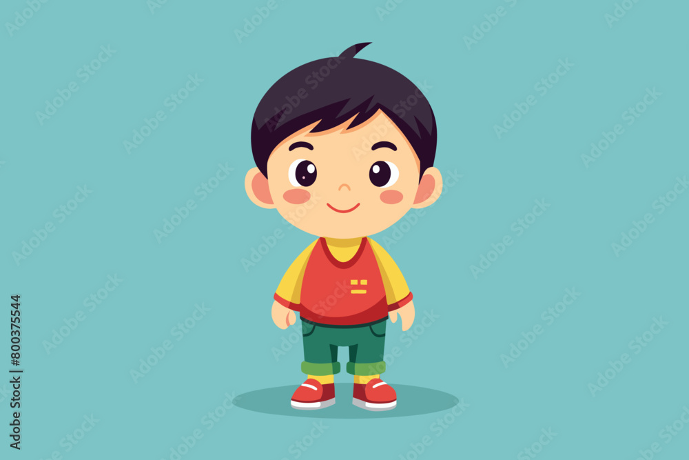 A cartoon boy is smiling and wearing a red shirt and green pants A cartoon boy is smiling and wearing a red shirt and green pants