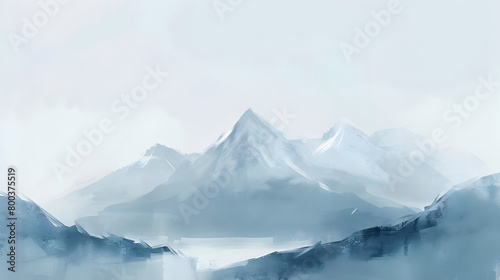 A serene landscape painting depicting a tranquil mountain scene with minimalist brushstrokes.