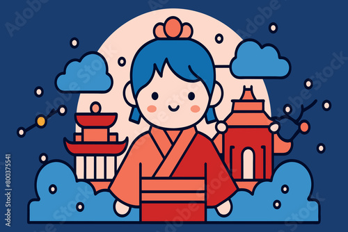 A girl in a kimono stands in front of a city with a moon in the background