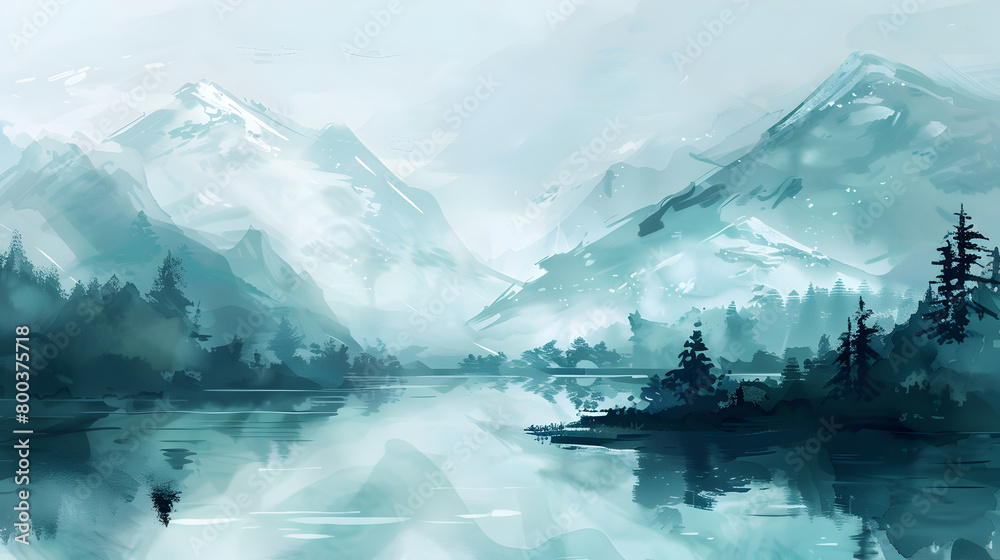 Naklejka premium A serene landscape painting depicting a tranquil mountain scene with minimalist brushstrokes.