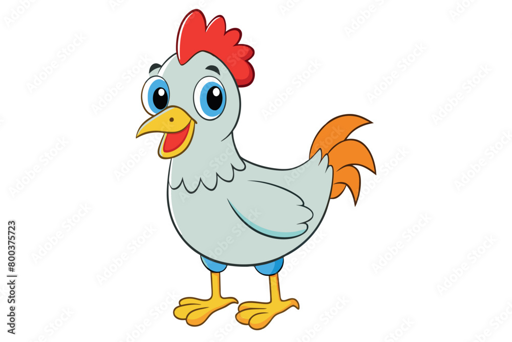 A cartoon chicken with a red comb and orange feet