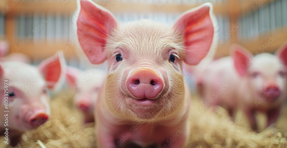 Group of Pigs Standing on Pile of Hay Group of Pigs Standing on Pile of Hay