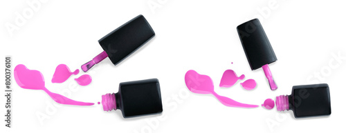 Set of Cosmetic Nail Polish Bottles with Brushes and Blots, isolated on transparent background, cosmetic concept