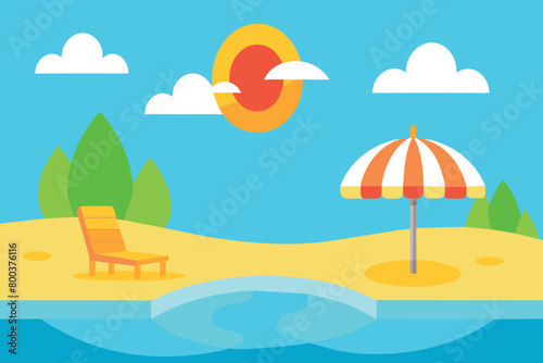 A beach setting with a colorful umbrella and a lounge chair under the sun