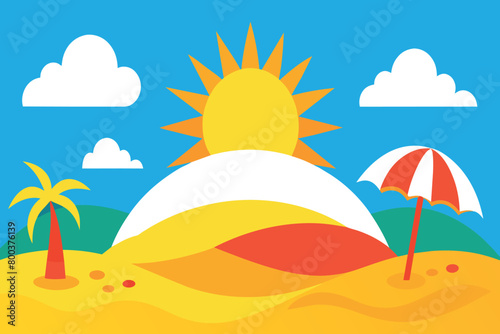 A sunny beach featuring a yellow umbrella providing shade on the sandy shore under the bright sun