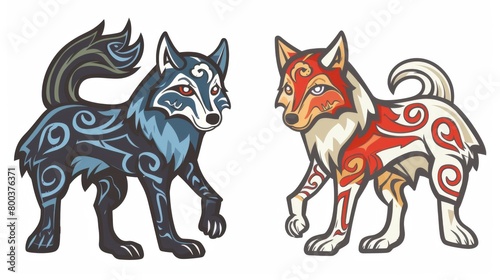 Artistically rendered wolves with intricate ethnic patterns evoke themes of nature and folklore