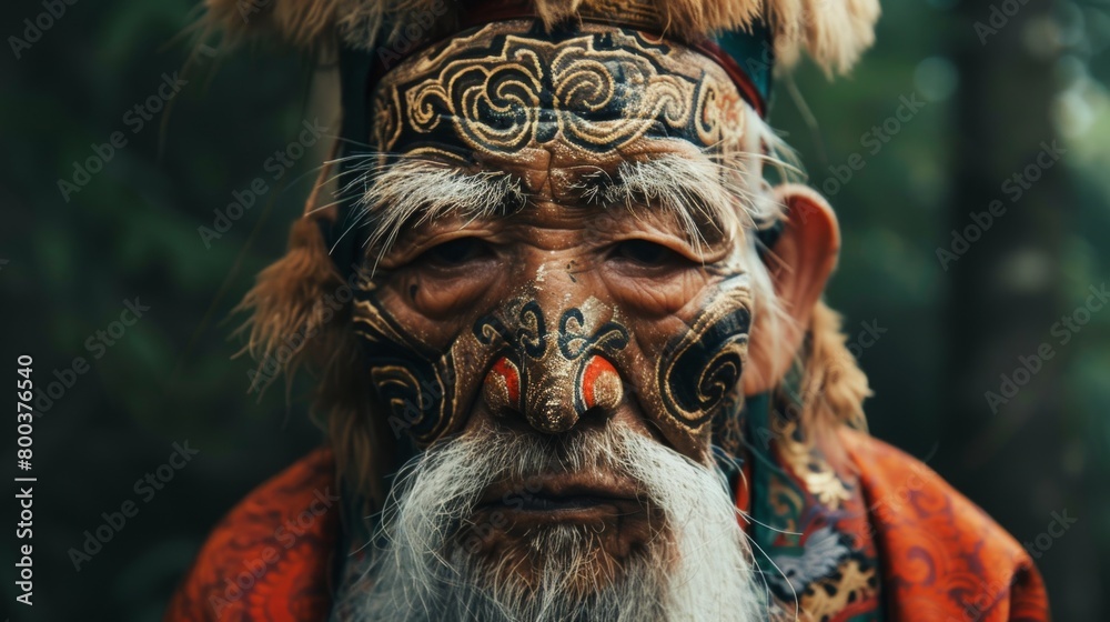 A detailed photograph exhibiting an individual adorned in various textured tribal clothing, exuding a strong cultural essence A detailed photograph exhibiting an individual adorned in various textured tribal clothing, exuding a strong cultural essence