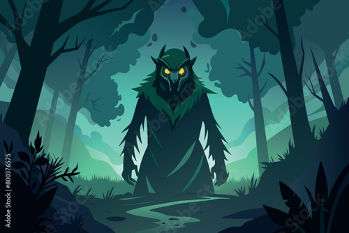 A large green creature with yellow eyes stands in a forest