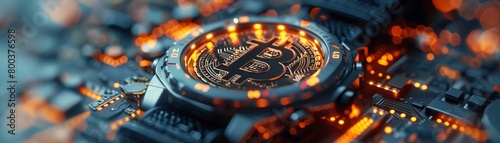 A glowing Bitcoin sits on a computer motherboard