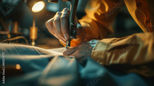 Close-up of a man's hand while sewing on a buttonhole. Making things. Industry concept.