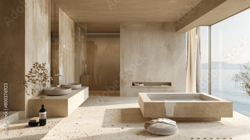 A bathroom with a tub overlooking the ocean  in the style of minimalist sturdiness  beige  texture-rich surfaces  subtle tonal range.