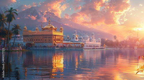 Golden Reflections: A Vibrant Sunset at the Gurdwara, generative ai photo