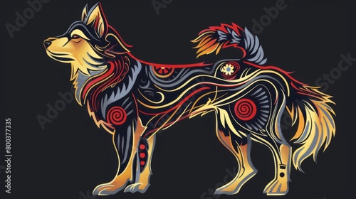 Illustration of a poised husky dog embellished with intricate red and black tribal patterns, giving off an elegant presence