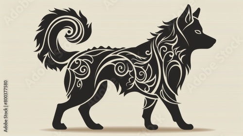 A graphic depiction of a walking husky dog with elegant tribal-style patterns embellishing its silhouette