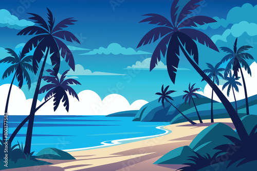 A beautiful beach scene with palm trees and a blue ocean