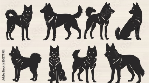 A selection of eight black dog silhouettes, showcasing both standing and sitting poses, set against a soft beige background