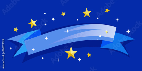 The deep blue background is a bright blue ribbon, decorated with bright yellow stars and sparkling white dots. The ribbon adds to the dynamic and festive feel of the graphic.AI generated.