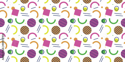 Bright Memphis - circles, squares and arcs. Seamless simple and colorful memphis pattern.