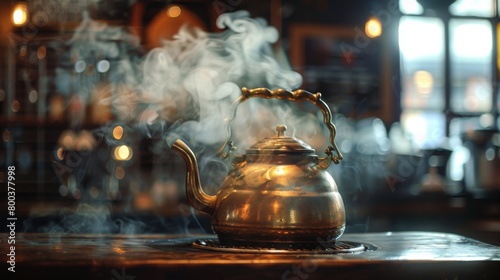 Steam rising from a traditional kettle in a rustic coffee shop, capturing the essence of brewing.