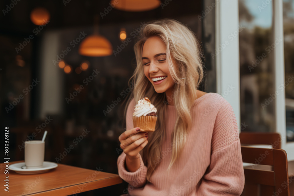 Joyful Woman with Cupcake in Cozy Cafe Joyful Woman with Cupcake in Cozy Cafe