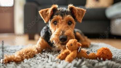 A warm and engaging portrait of an Airedale Terrier puppy with its beloved stuffed teddy bear, highlighting pet innocence