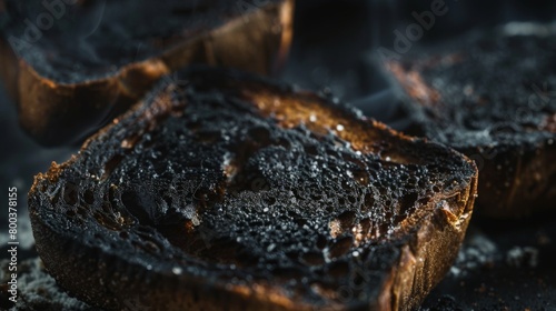 A closeup of burnt toast, blackened and inedible, representing a disappointing outcome or a situation gone wrong   photo