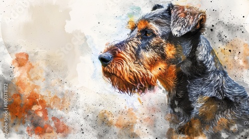 Image of a terrier dog profile with a blend of abstract colorful watercolor splashes in the background