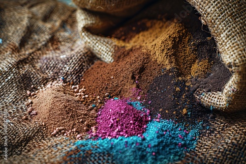 A closeup of colorful coffee grounds spilling out of a burlap sack, creating a textured and aromatic composition 