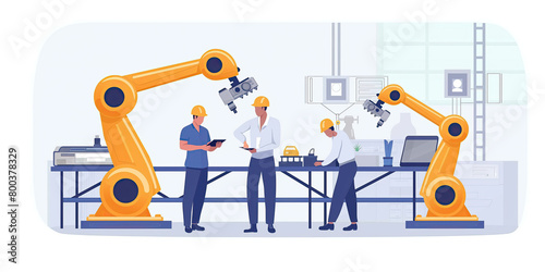 Engineers and Robotic Arms in Modern Industrial Setting. Automation and Machinery Concept. Design for Industrial Technology and Engineering Poster. Illustration of Technological Advancement. photo