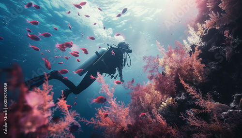 A Scuba diver on coral reef 