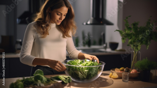 Woman Preparing Fresh Green Salad in Modern Kitchen