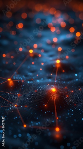A beautiful and intricate image of a glowing network of orange and blue lights. The lights are connected by thin lines, and the whole image has a futuristic and technological feel.
