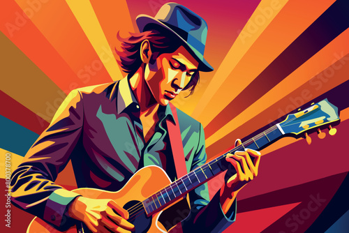 A man is playing a guitar in a colorful background