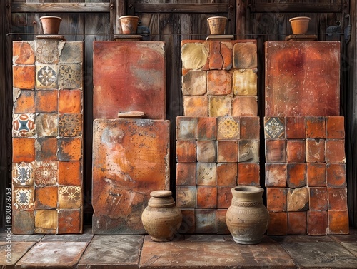 Patterned Terracotta Textures:Earthy,Artisanal Wall Decor with Rustic,Mosaic-Like Ceramic Tiles