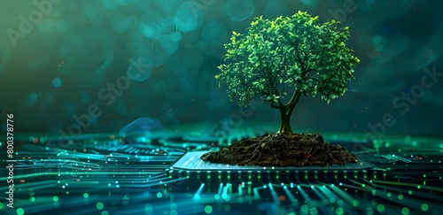A small tree growing on a chip, blue background with digital and technological elements in dark green color tones photo